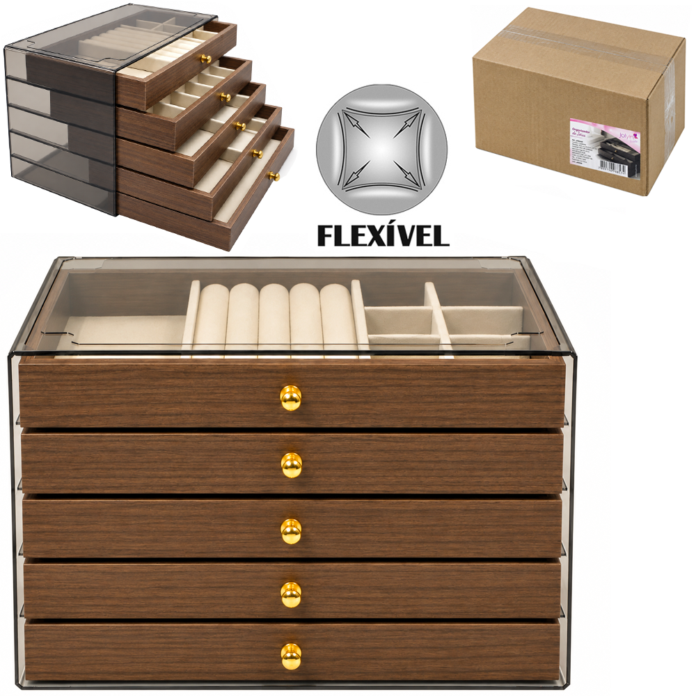 ORGANIZADOR PORTA JOIAS POLIESTER / PLASTICO PET FLEXIVEL E MADEIRA MDF RETANGULAR 5 GAVETAS + 38 DIVISORIAS JOLYIN BEAU