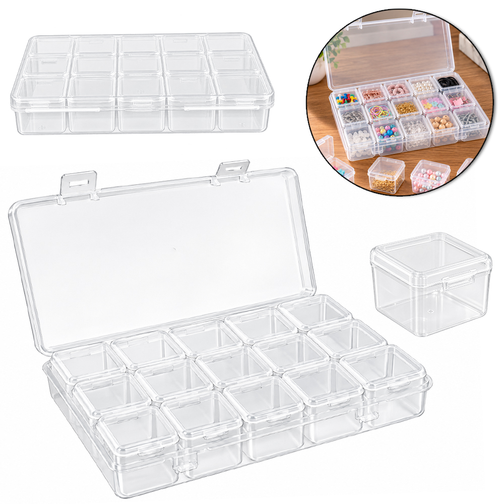 ESTOJO CAIXA ORGANIZADOR DE PLASTICO RETANGULAR 17,4X10,6X2,6CM + 15 MINI ORGANIZADORES 3,4X3X2,4CM 