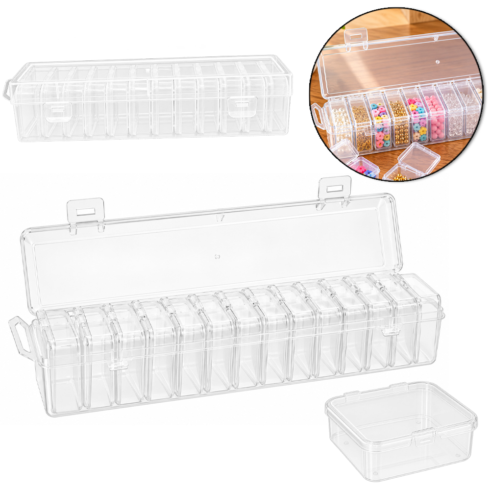 ESTOJO CAIXA ORGANIZADOR DE PLASTICO RETANGULAR 26,1X6,5X6,2CM + 12 MINI ORGANIZADORES 5,5X5,5X2CM 