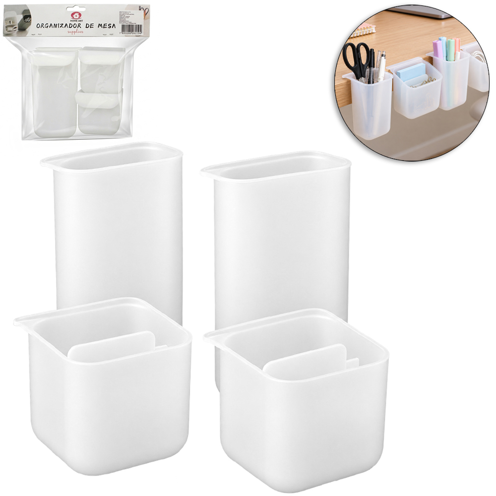 ORGANIZADOR PLASTICO DE MESA / PAREDE COM AUTOADESIVO MULTIUSO 4 PECAS