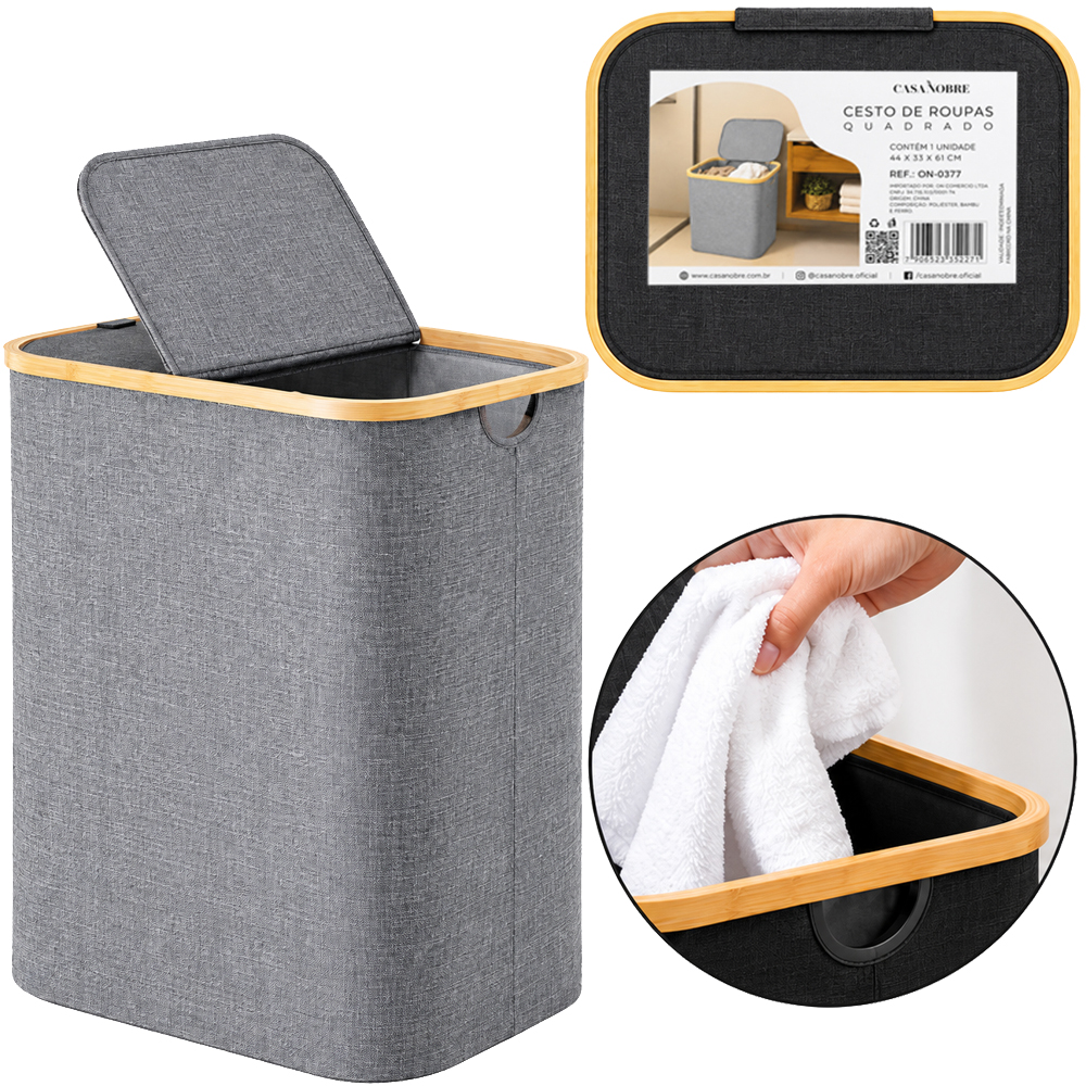 CESTO ORGANIZADOR PAARA ROUPAS / ROUPEIRO BAMBU / OXFORD RETANGULAR DOBRAVEL 2 DIVISORIAS + TAMPA E ALCA CASA NOBRE 58X5