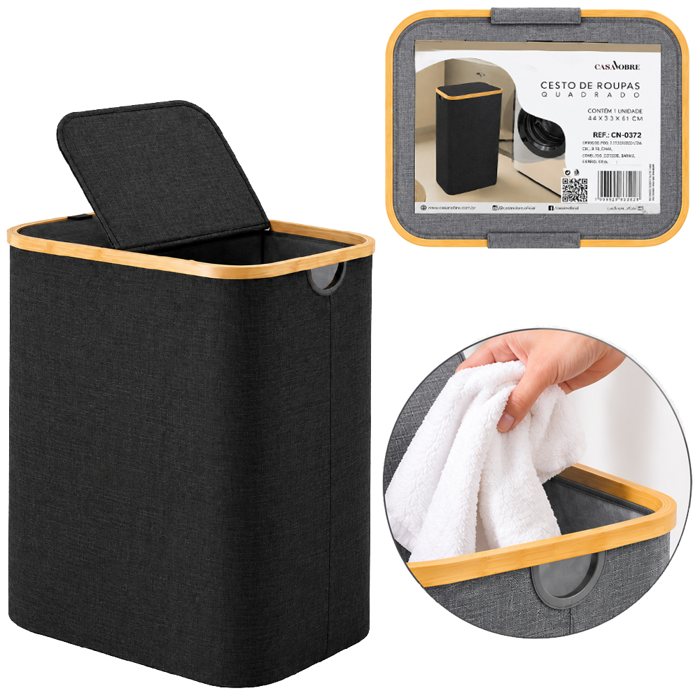 CESTO ORGANIZADOR PARA ROUPAS / ROUPEIRO BAMBU / OXFORD RETANGULAR DOBRAVEL COM TAMPA E ALCA CASA NOBRE 49X44X33CM