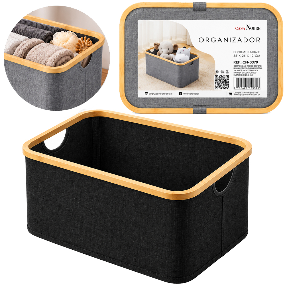 CAIXA ORGANIZADOR DE BAMBU / OXFORD DOBRAVEL MULTIUSO COM ALCA  38X26X26CM 