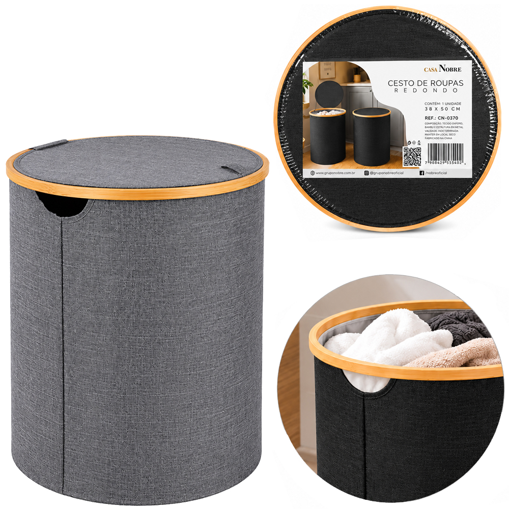 CESTO ORGANIZADOR PARA ROUPAS / ROUPEIRO BAMBU / OXFORD REDONDO DOBRAVEL TAMPA E ALCA CASA NOBRE 50X38CM DE Ø