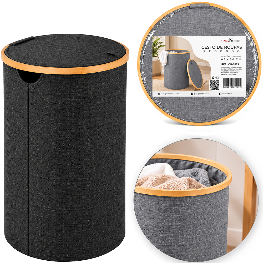 CESTO ORGANIZADOR PARA ROUPAS / ROUPEIRO BAMBU / OXFORD REDONDO DOBRAVEL TAMPA E ALCA CASA NOBRE 60X45CM DE Ø 