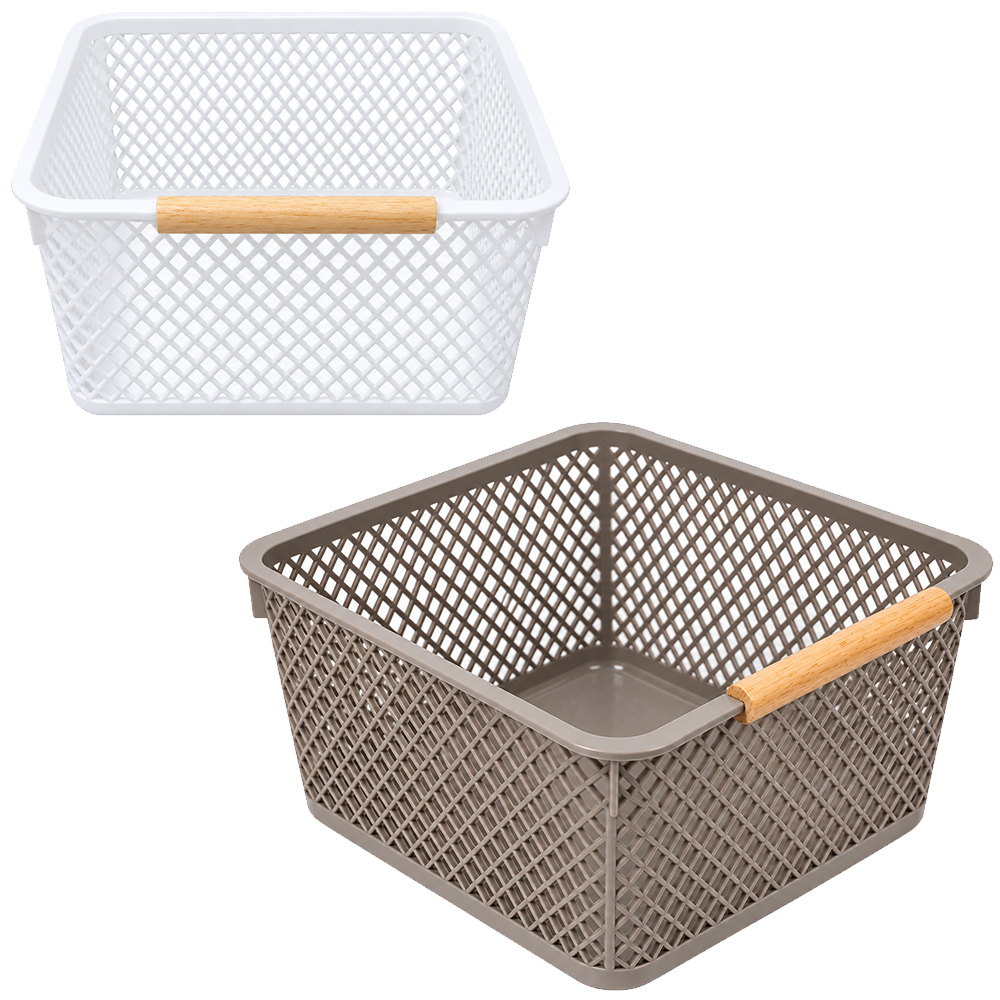 CESTO ORGANIZADOR DE PLASTICO QUADRADO VAZADO COM ALCA DE MADEIRA 20,2X19X11,3CM