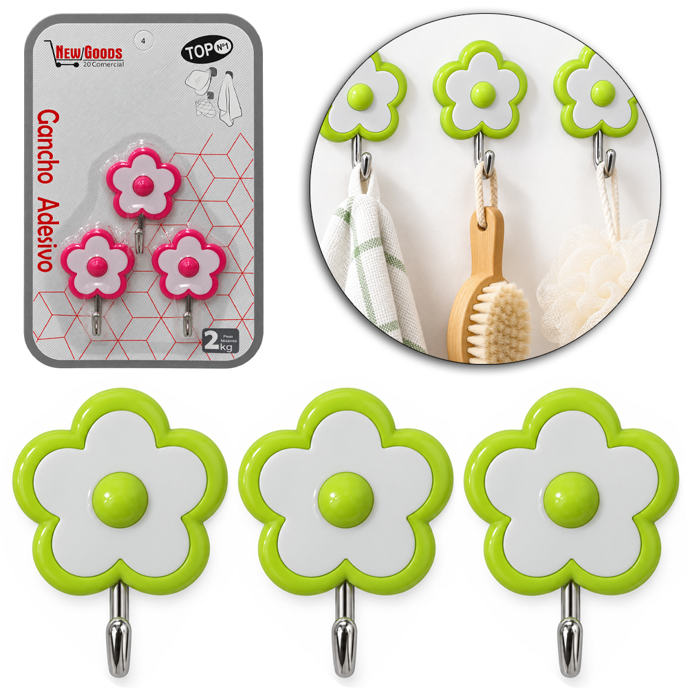 CABIDE GANCHO DE METAL FLOR AUTOADESIVO COM 3 PECAS 5,5X4CM DE Ø