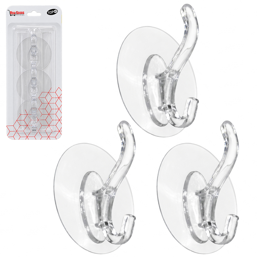 CABIDE GANCHO DE ACRILICO REDONDO COM 3 GANCHOS DUPLO AUTOADESIVO TRANSPARENTE 5,5CM DE Ø
