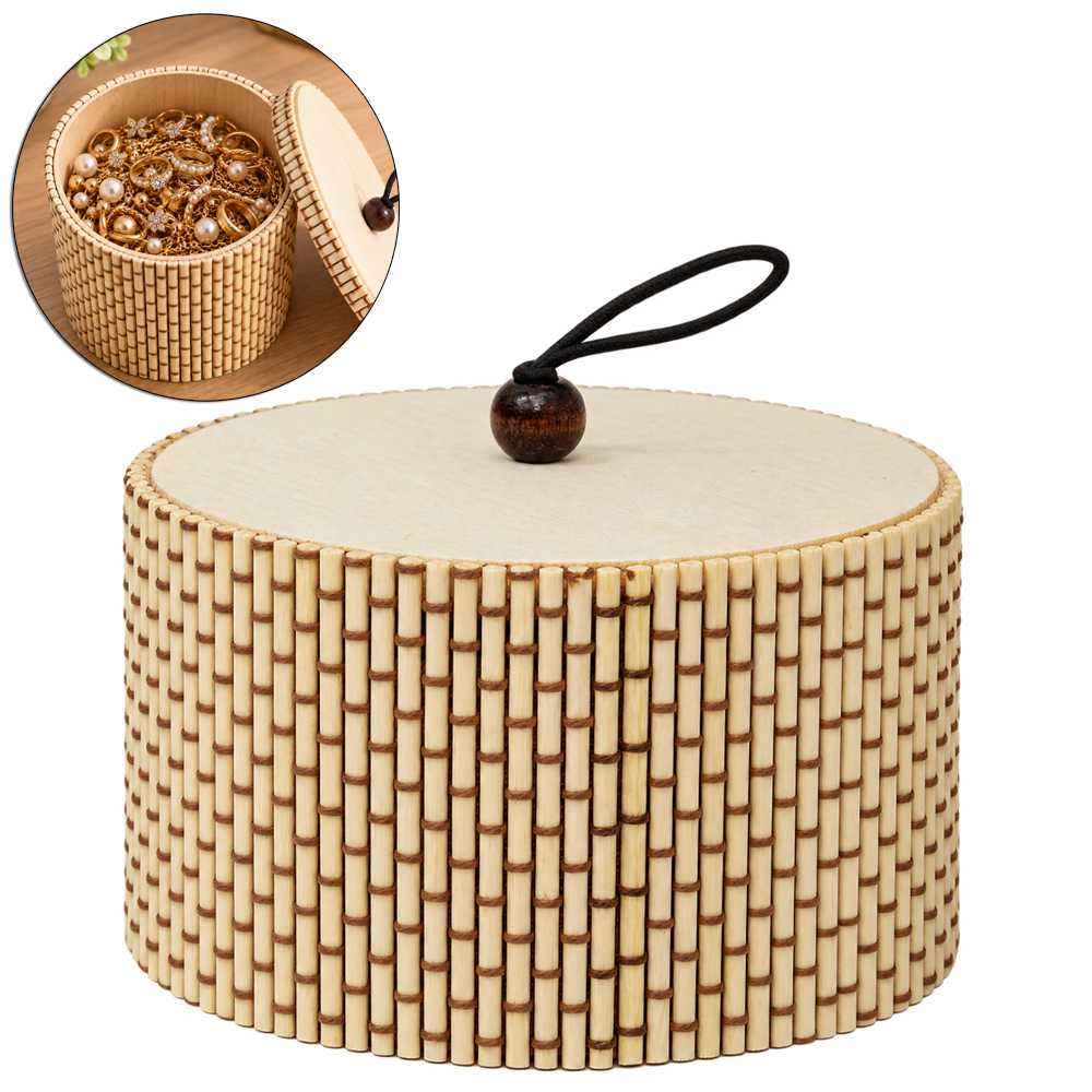 CAIXA ORGANIZADOR DE MADEIRA / BAMBU REDONDO COM TAMPA + ALCA 5,5X10CM DE Ø 