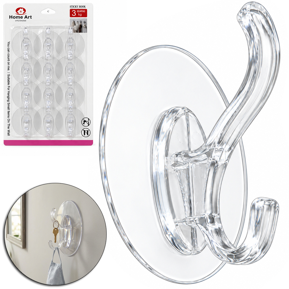 CABIDE GANCHO DE ACRILICO REDONDO COM 12 GANCHOS DUPLO AUTOADESIVO TRANSPARENTE 6CM DE Ø