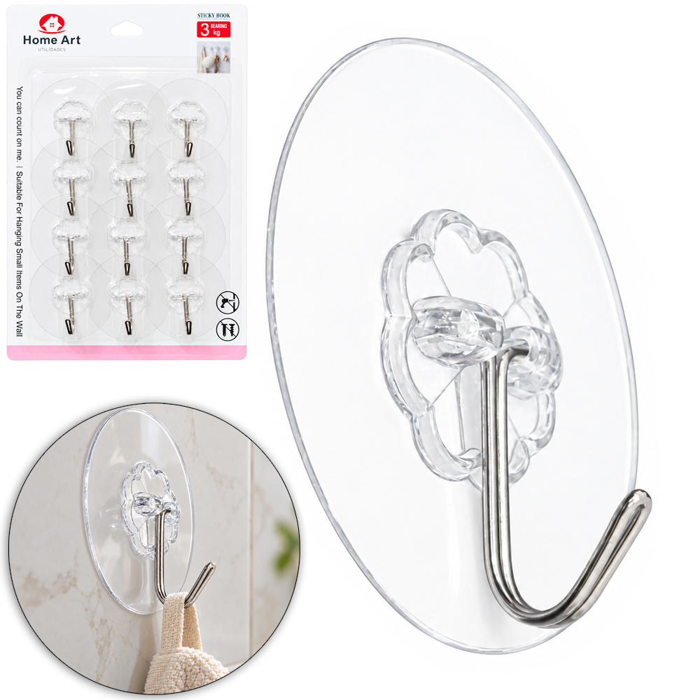 CABIDE GANCHO DE METAL REDONDO AUTOADESIVO TRANSPARENTE COM 12 PECAS 6CM DE Ø
