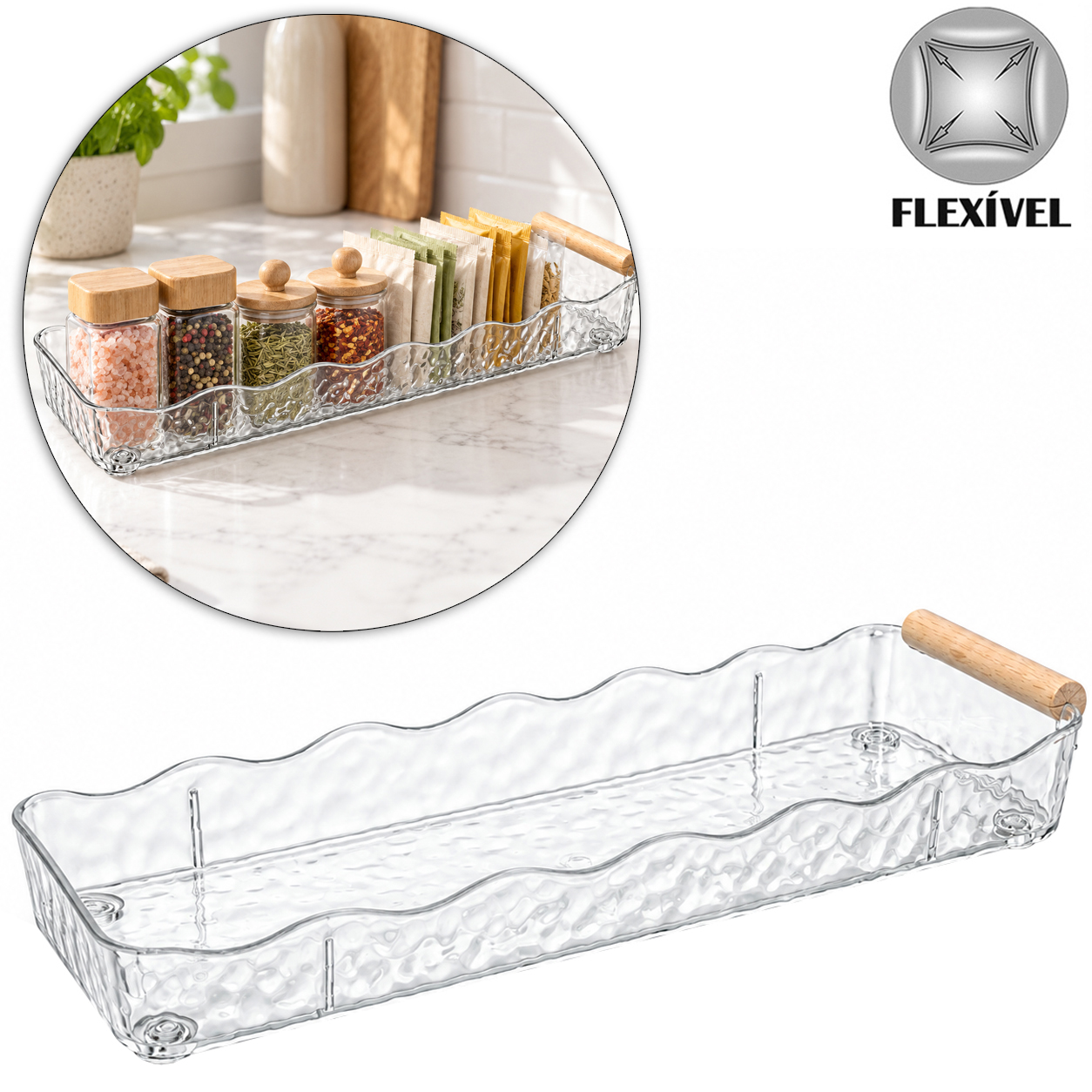 CESTO ORGANIZADOR DE PLASTICO PET FLEXIVEL RETANGULAR COM ALCA DE MADEIRA 27X9X3,5CM