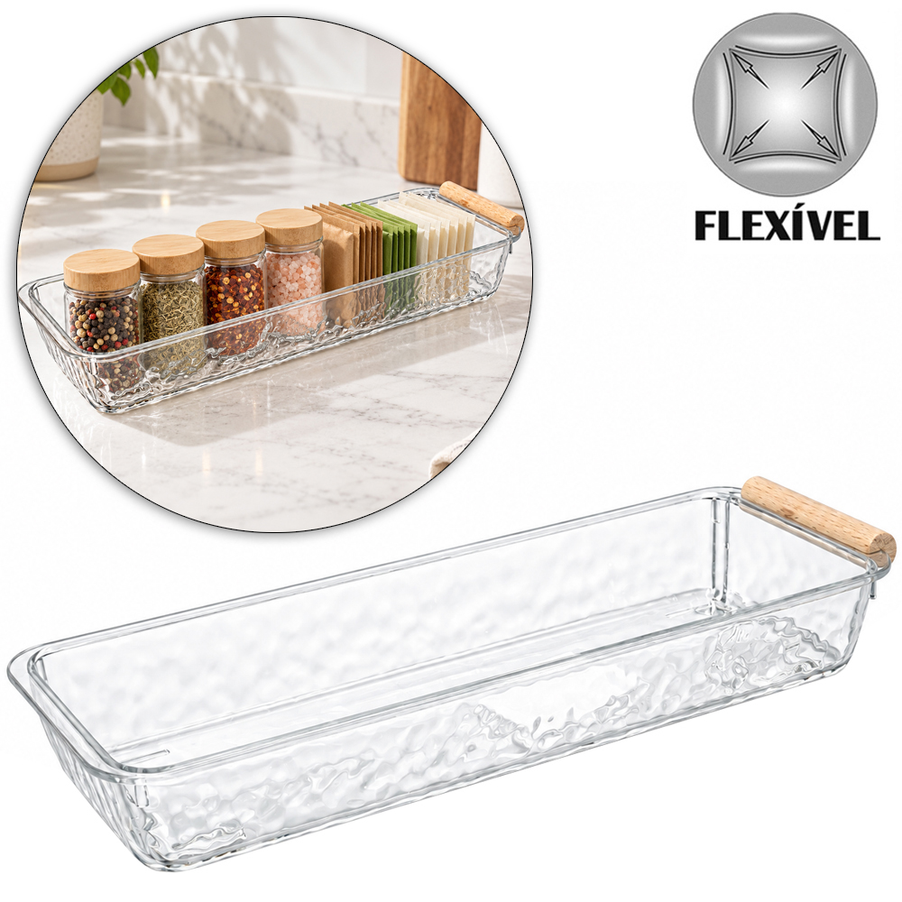 CESTO ORGANIZADOR DE PLASTICO PET FLEXIVEL RETANGULAR COM ALCA DE MADEIRA 27,5X8,5X3,5CM