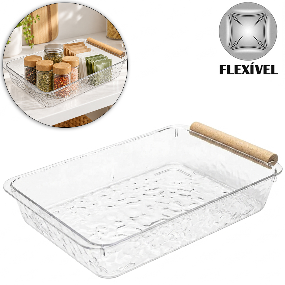 CESTO ORGANIZADOR DE PLASTICO PET FLEXIVEL RETANGULAR COM ALCA DE MADEIRA 19X12,5X3,5CM