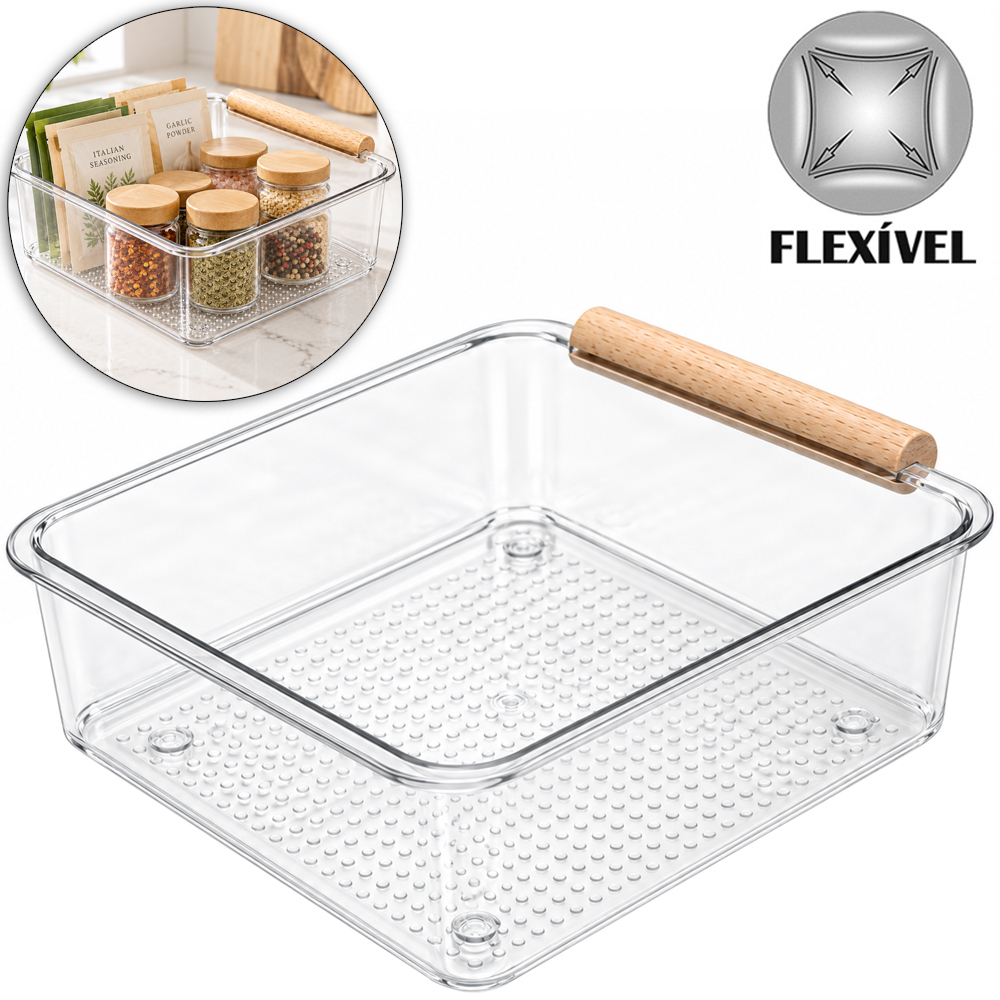 CESTO ORGANIZADOR DE PLASTICO PET FLEXIVEL RETANGULAR COM ALCA DE MADEIRA 17X15X6CM
