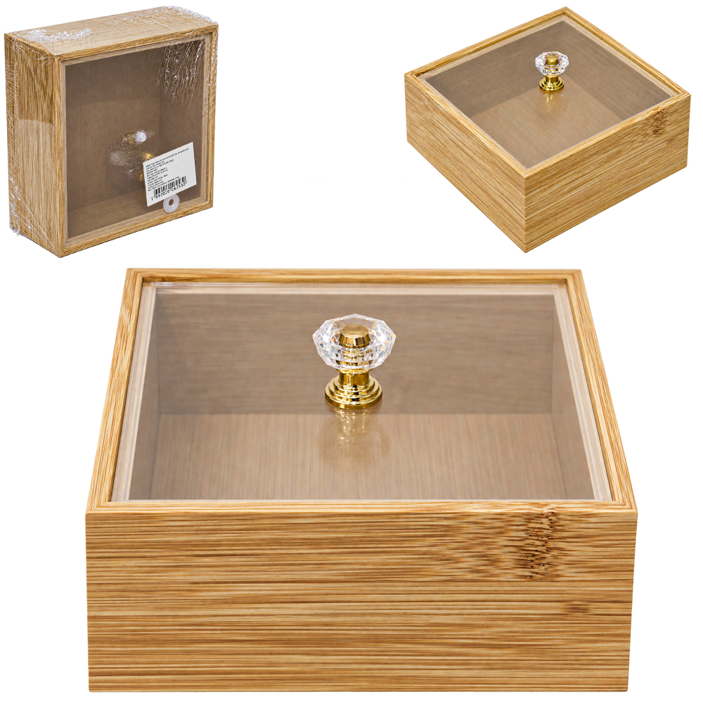 CAIXA ORGANIZADOR DE MADEIRA MDF QUADRADA COM TAMPA DE PLASTICO PET 12X6,7CM