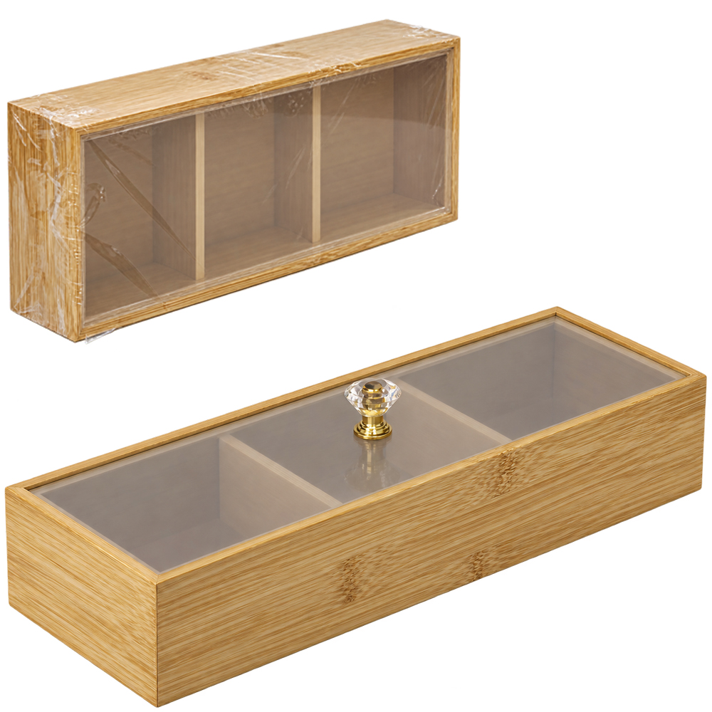 CAIXA ORGANIZADOR DE MADEIRA MDF RETANGULAR COM 3 DIVISORIAS + TAMPA DE PLASTICO PET 30X10X6,7CM