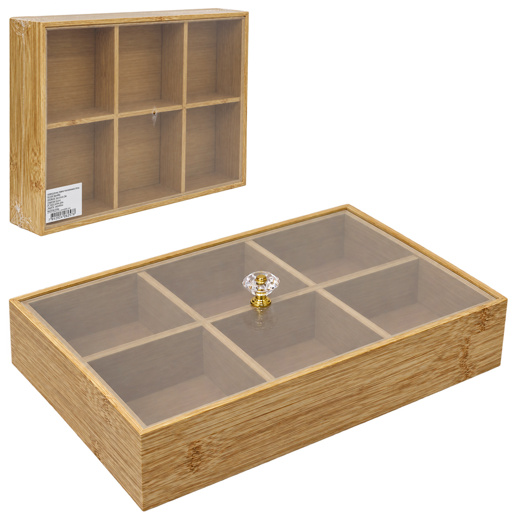 CAIXA ORGANIZADOR DE MADEIRA MDF RETANGULAR COM 6 DIVISORIAS + TAMPA DE PLASTICO PET 30X20X6,7CM