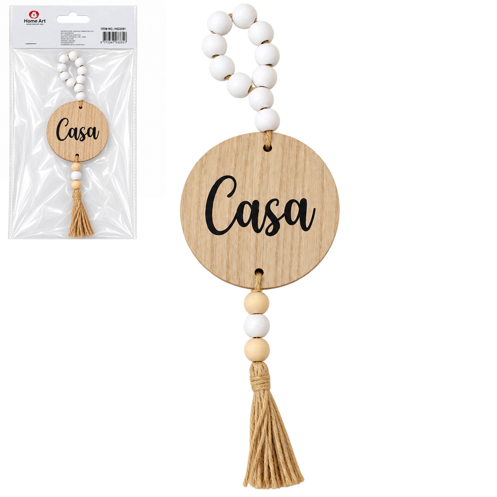 ENFEITE PLACA DE MADEIRA MDF PALAVRA COM CONTAS + FRANJA 32CM