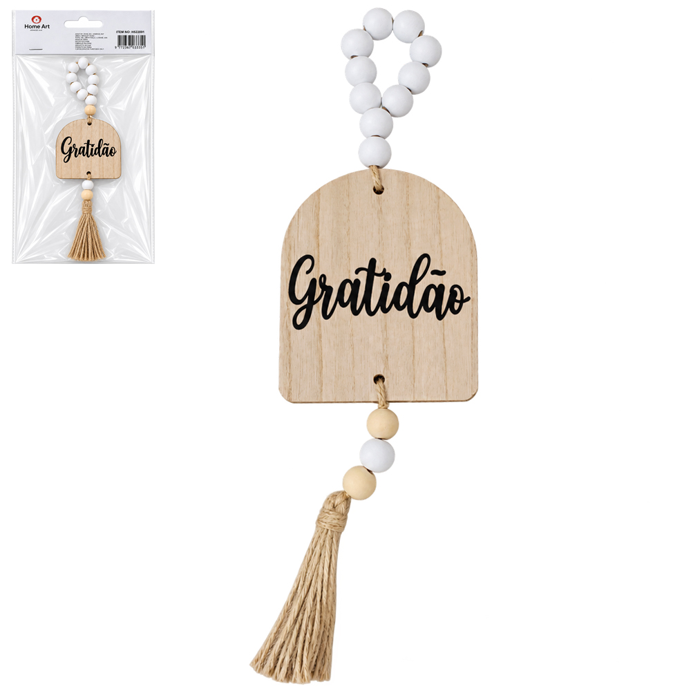 ENFEITE PLACA DE MADEIRA MDF PALAVRA COM CONTAS + FRANJA 34CM