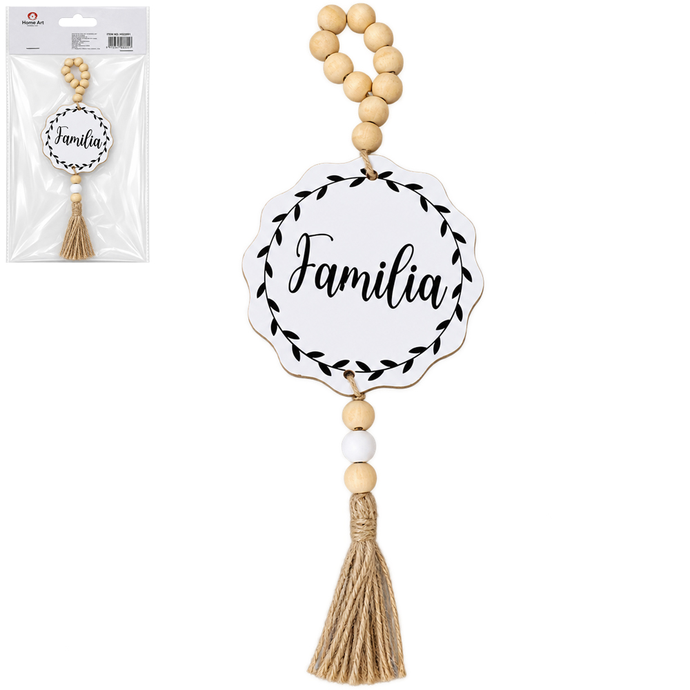 ENFEITE PLACA DE MADEIRA MDF PALAVRA COM CONTAS + FRANJA 34,5CM