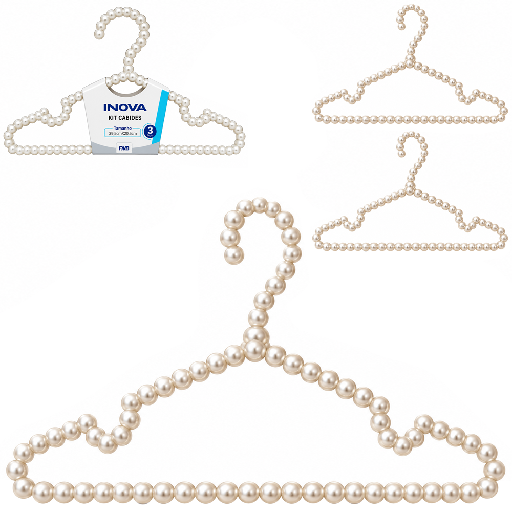 CABIDE ROUPA DE PLASTICO PEROLA COM CAVA INOVA 3 PECAS 39,5X20,5CM 11MM