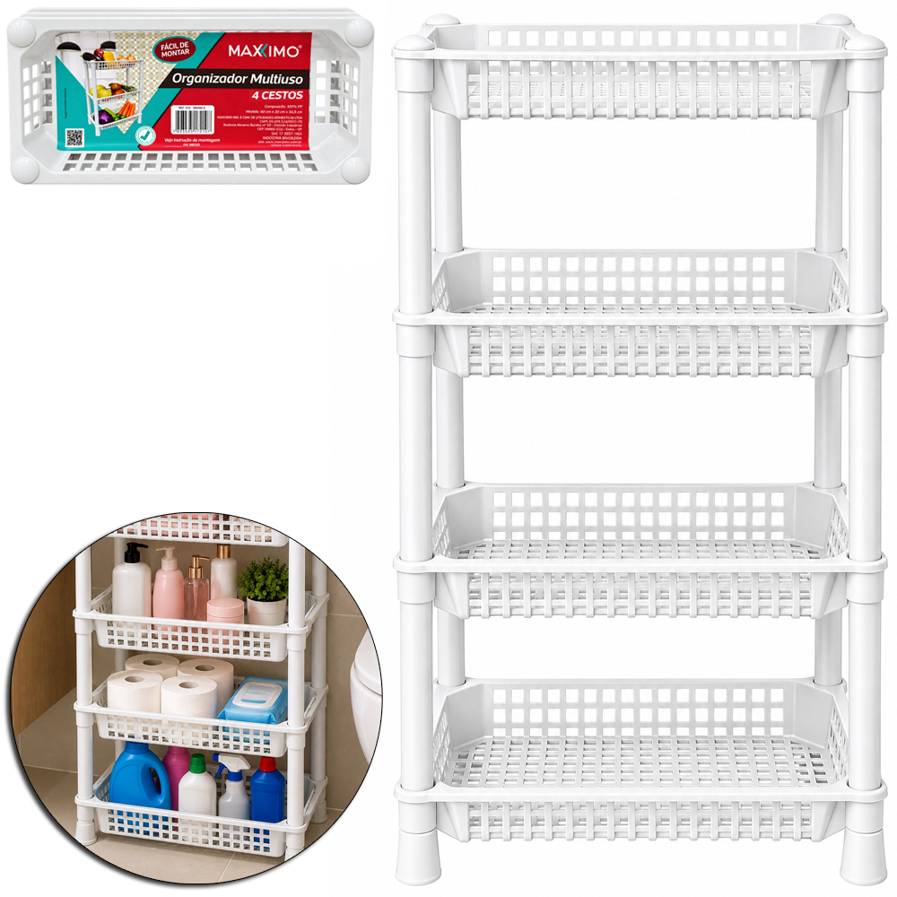 ORGANIZADOR PRATELEIRA DE PLASTICO RETANGULAR COM 4 ANDARES BRANCA 78X40X20CM