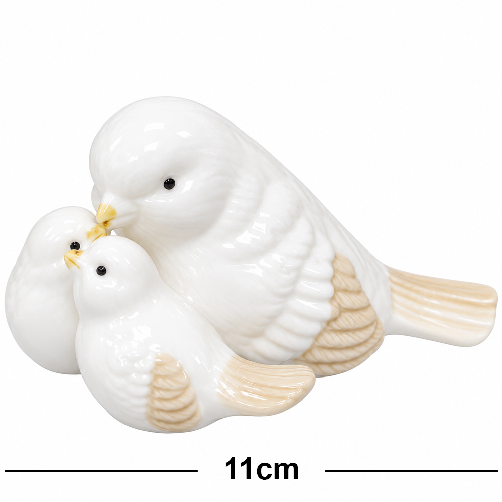 ENFEITE PASSARO FAMILIA DE PORCELANA BRANCO 11X9X6CM 