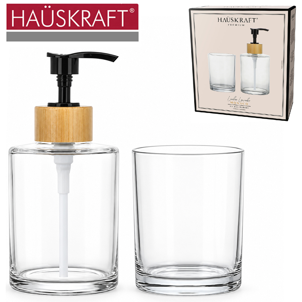 JOGO PARA BANHEIRO VIDRO CRISTAL REDONDO COM GOLA BAMBU LINHA LAVABO MONACO HAUSKRAFT PREMIUM 2 PECAS 240 / 200ML