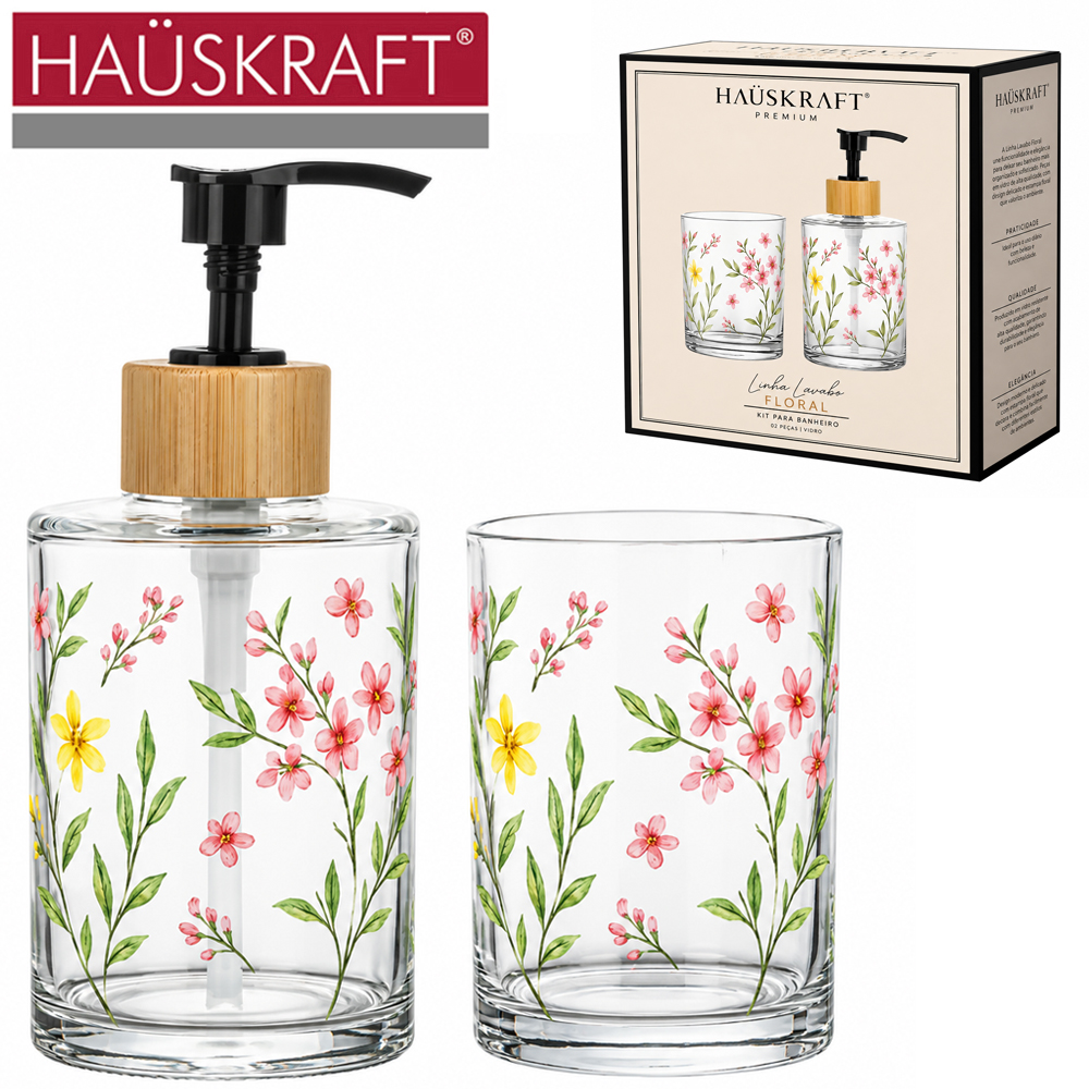 JOGO PARA BANHEIRO VIDRO CRISTAL REDONDO COM GOLA BAMBU LINHA LAVABO FLORA HAUSKRAFT PREMIUM 2 PECAS 240 / 200ML