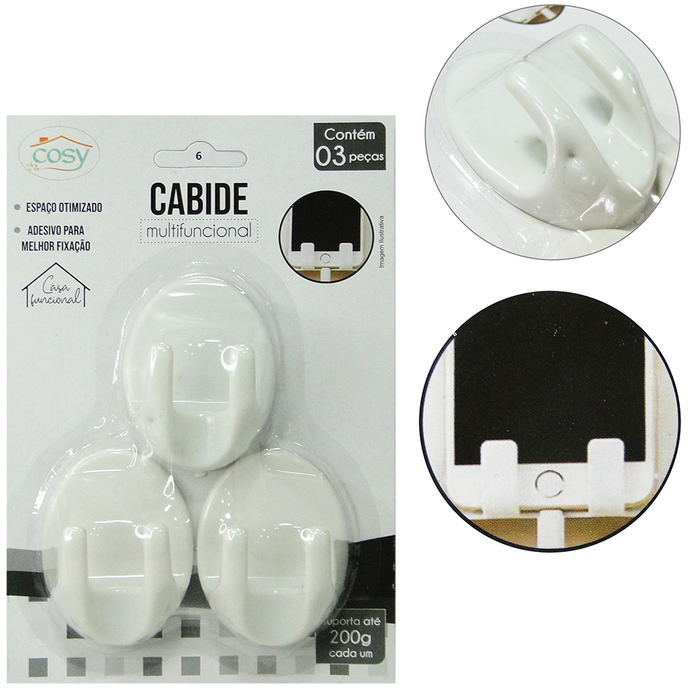 CABIDE GANCHO DE PLASTICO OVAL COM 3 GANCHOS DUPLO AUTOADESIVO 6X4CM NA CARTELA