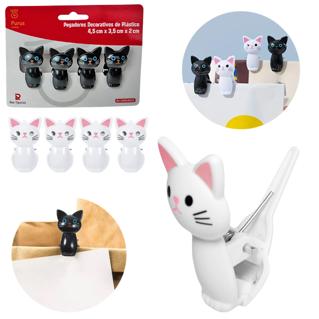 MINI PRENDEDOR DE PLASTICO GATO 4,5X3,5X2CM COM 4 PECAS