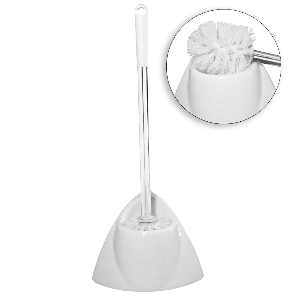 ESCOVA SANITARIA COM SUPORTE DE PLASTICO TRIANGULAR CABO INOX 43,5X14X13,5CM 