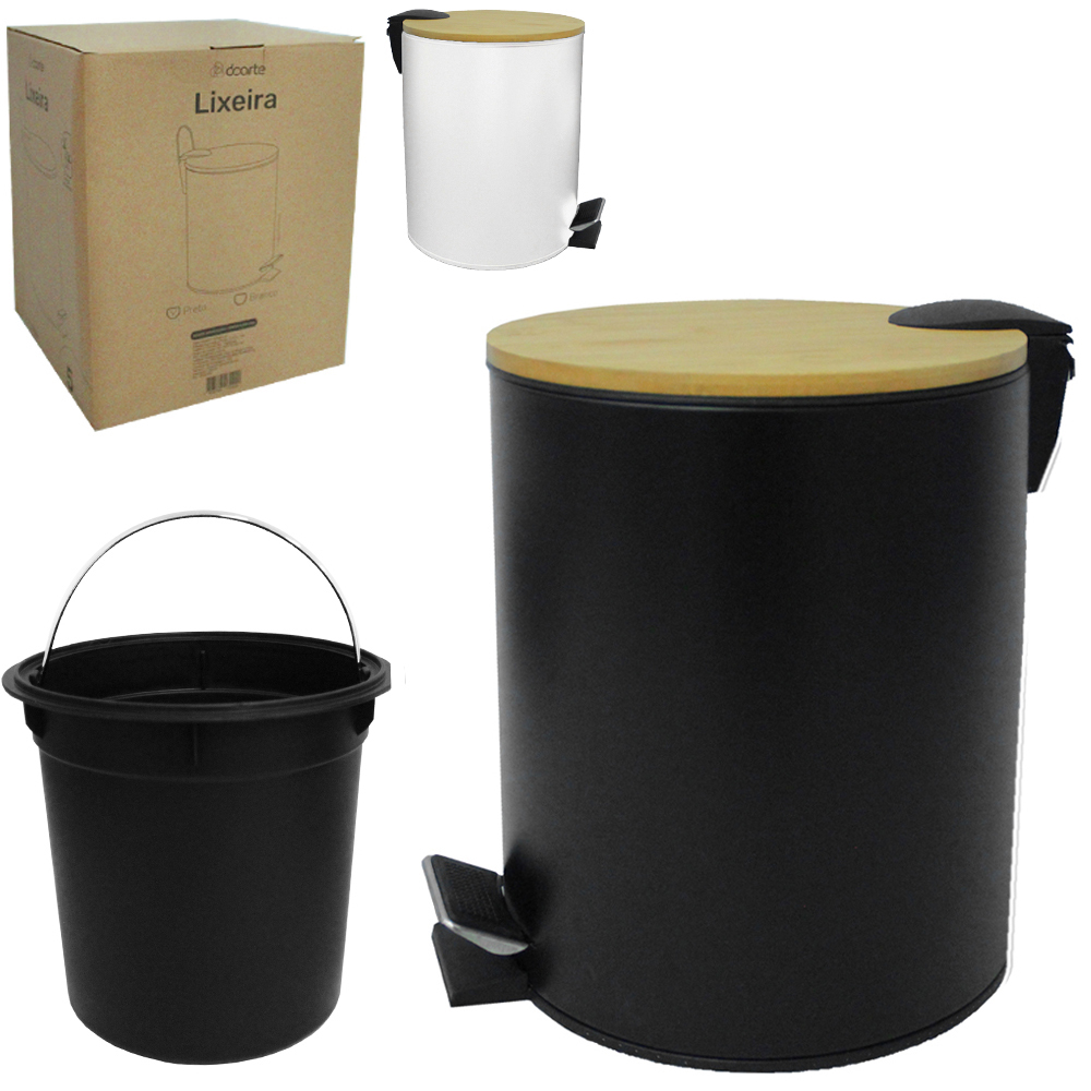 LIXEIRA COM PEDAL REDONDA DE INOX E BALDE INTERNO REMOVIVEL PRETO / BRANCO COM TAMPA DE BAMBU 5L