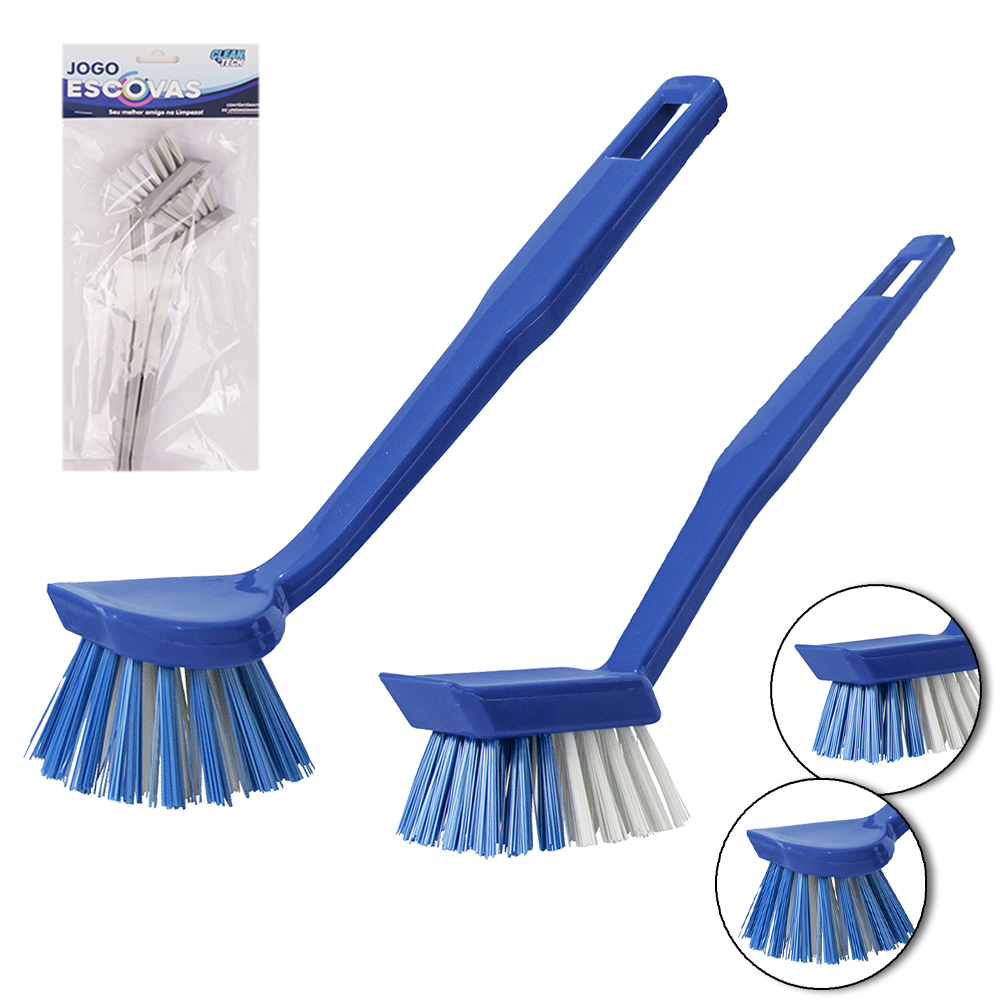 ESCOVA MULTIUSO RETANGULAR / REDONDA COM RASPADOR E CABO PLASTICO CLEAN TECH 2 PECAS 22X2,5 / 19X3,7CM