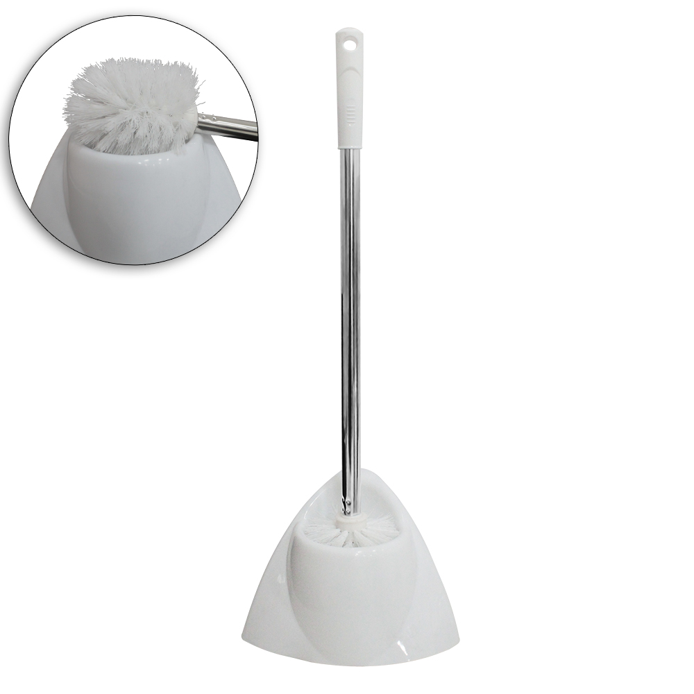 ESCOVA SANITARIA COM SUPORTE DE PLASTICO TRIANGULAR CABO INOX 43,5X18,5X9CM