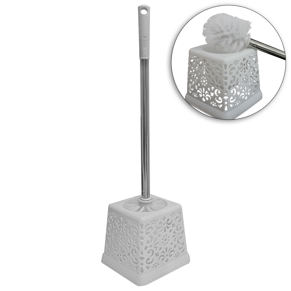 ESCOVA SANITARIA COM SUPORTE DE PLASTICO QUADRADO CABO INOX 53X13X12CM