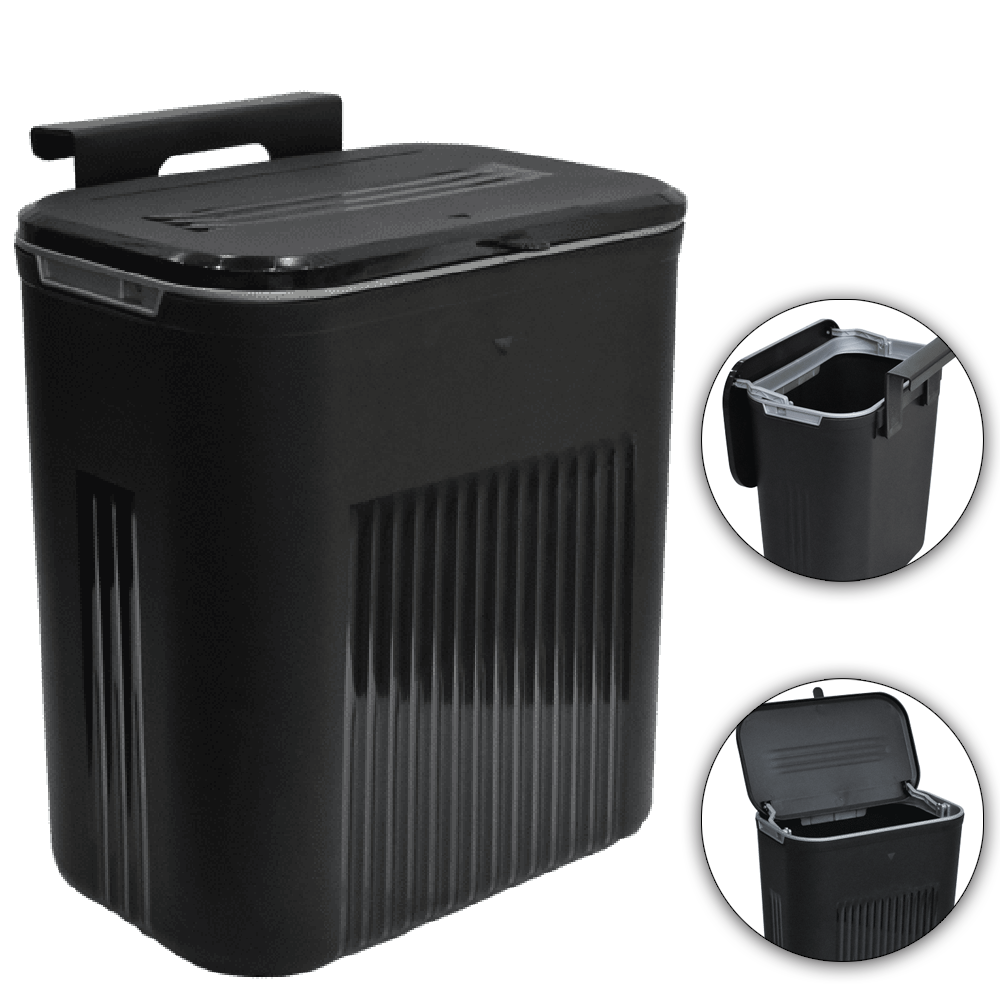 LIXEIRA DE PLASTICO RETANGULAR COM SUPORTE PARA PENDURAR + AUTOADESIVO E TAMPA PRETA 9L 31X26X17,1CM