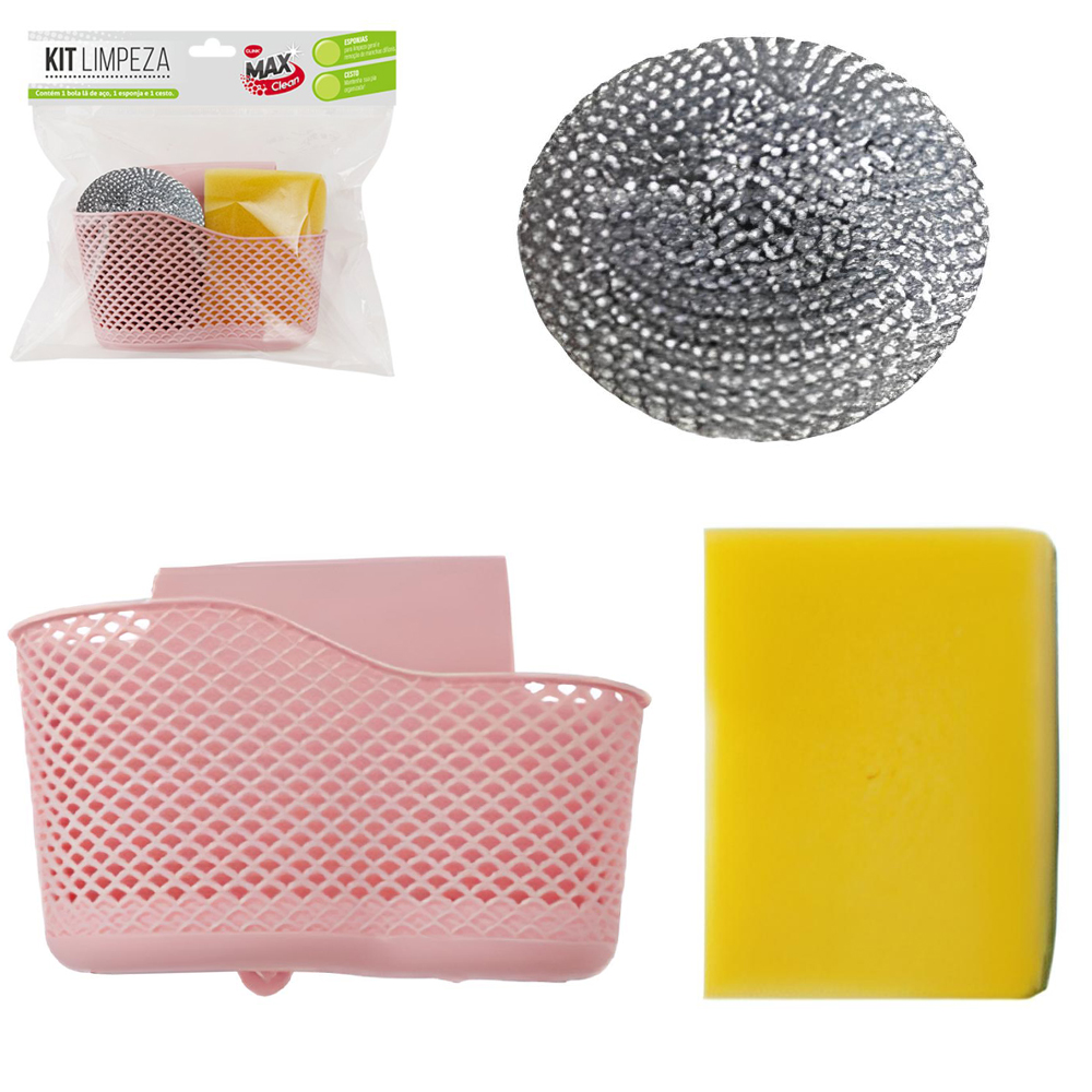 KIT LIMPEZA COM CESTO ORGANIZADOR DE PLASTICO PARA PIA + ESPONJA / BUCHA DE ACO + ABRASIVA DUPLA FACE MAX CLEAN