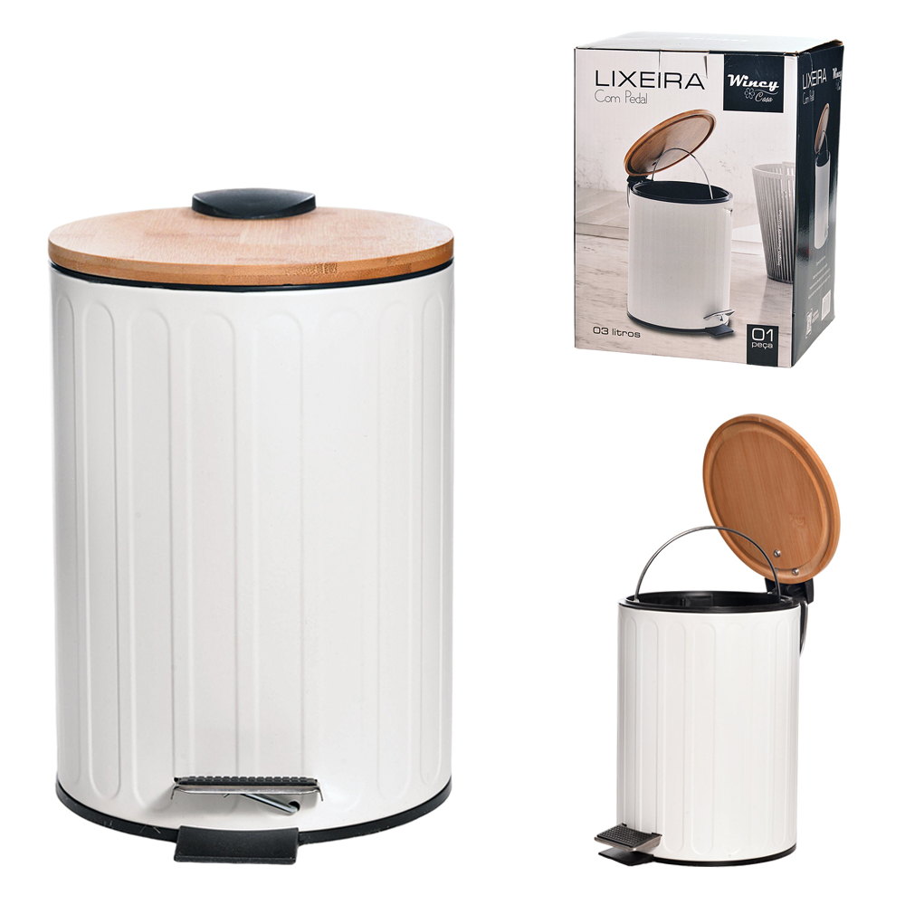 LIXEIRA COM PEDAL REDONDA DE INOX E BALDE INTERNO REMOVIVEL BRANCO COM TAMPA DE BAMBU 3L 23X17CM