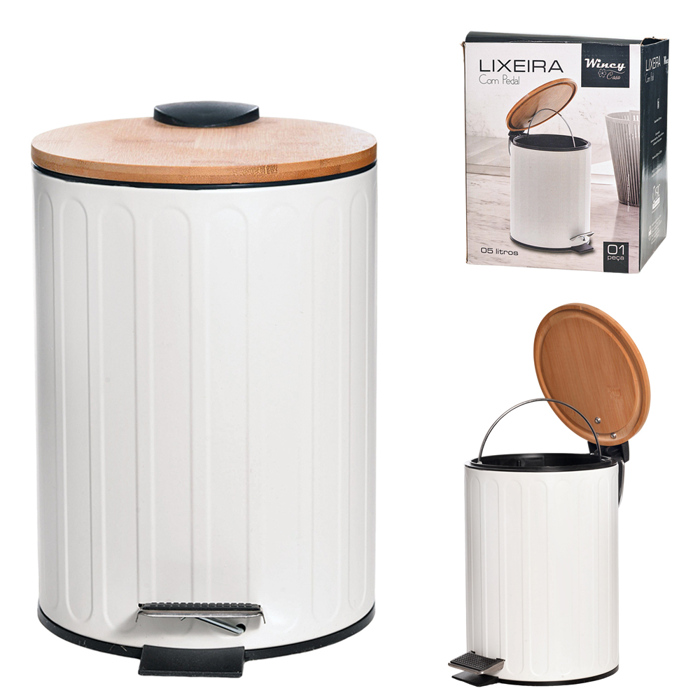LIXEIRA COM PEDAL REDONDA DE INOX E BALDE INTERNO REMOVIVEL BRANCO COM TAMPA DE BAMBU 5L 27,5X20,5CM DE Ø