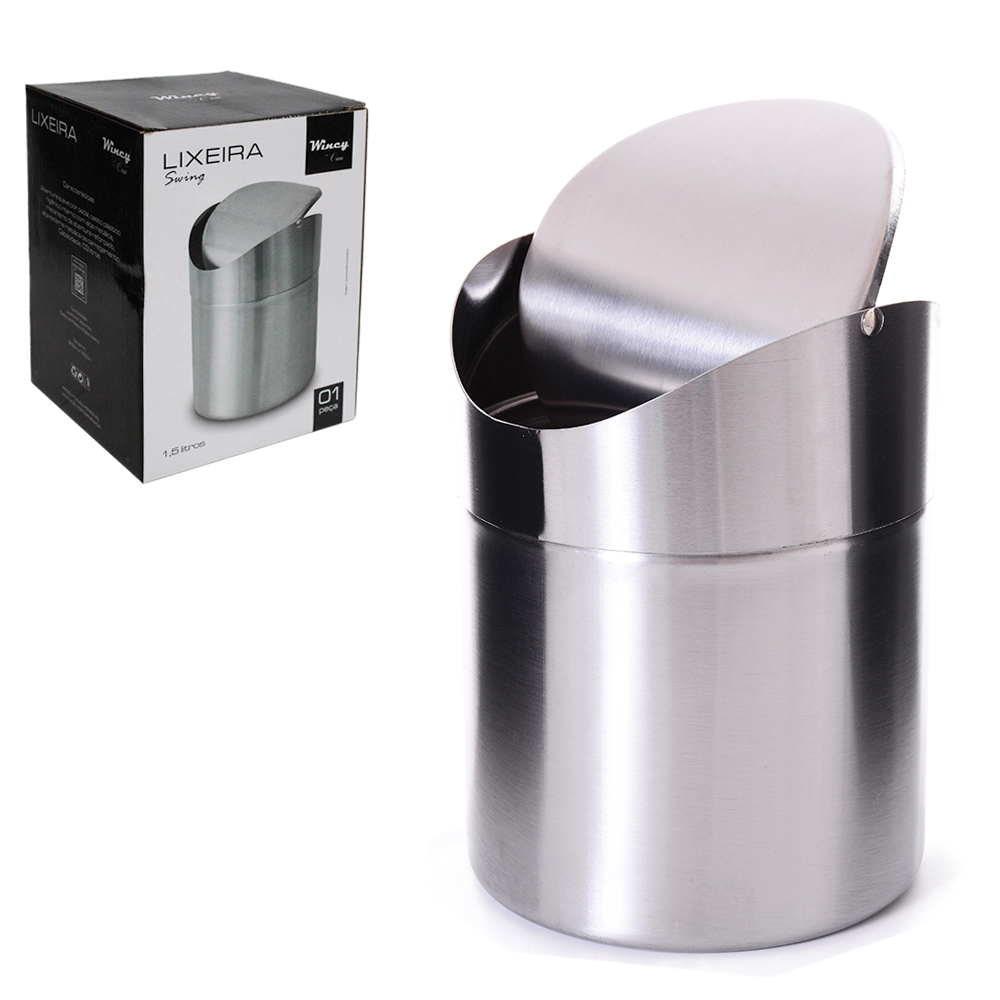 LIXEIRA DE MESA REDONDA DE INOX COM TAMPA BASCULANTE SWING 1,5L 16,5X12CM DE Ø