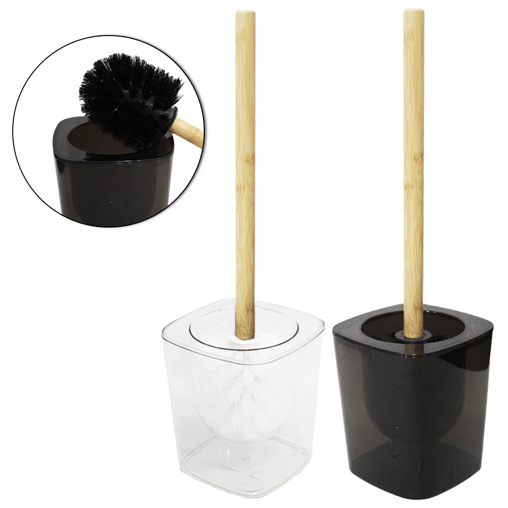 ESCOVA SANITARIA COM SUPORTE DE PLASTICO PET FLEXIVEL QUADRADO CABO BAMBU 38X11CM