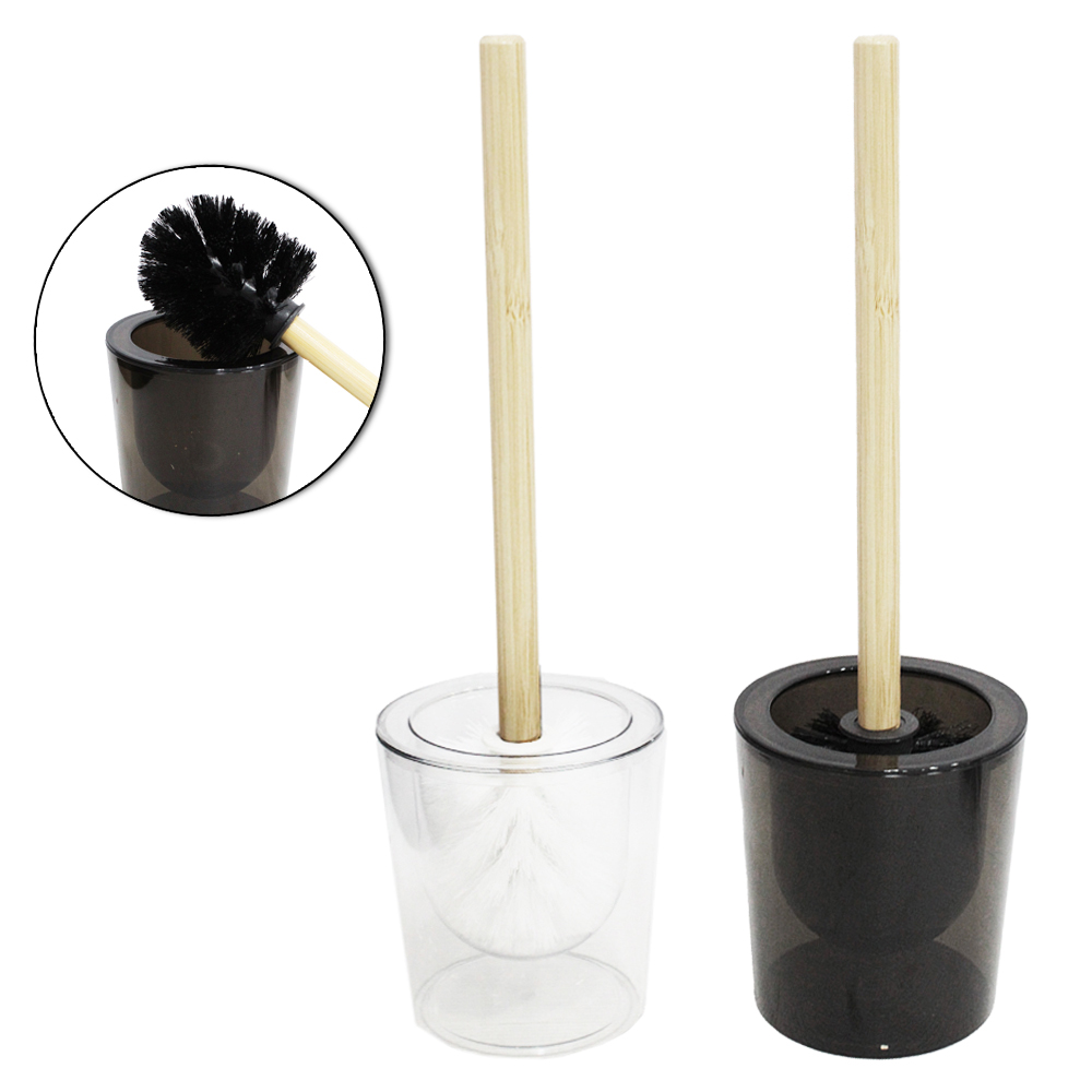 ESCOVA SANITARIA COM SUPORTE DE PLASTICO PET FLEXIVEL REDONDO CABO BAMBU 38X11,3CM DE Ø