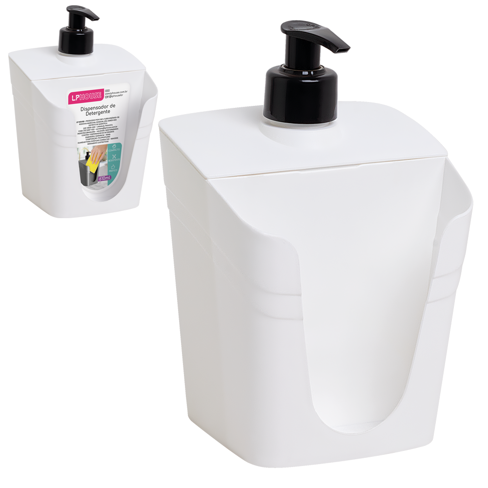 DISPENSER PORTA DETERGENTE / ESPONJA DE PLASTICO BASIC BRANCO 610ML 18X12X9CM