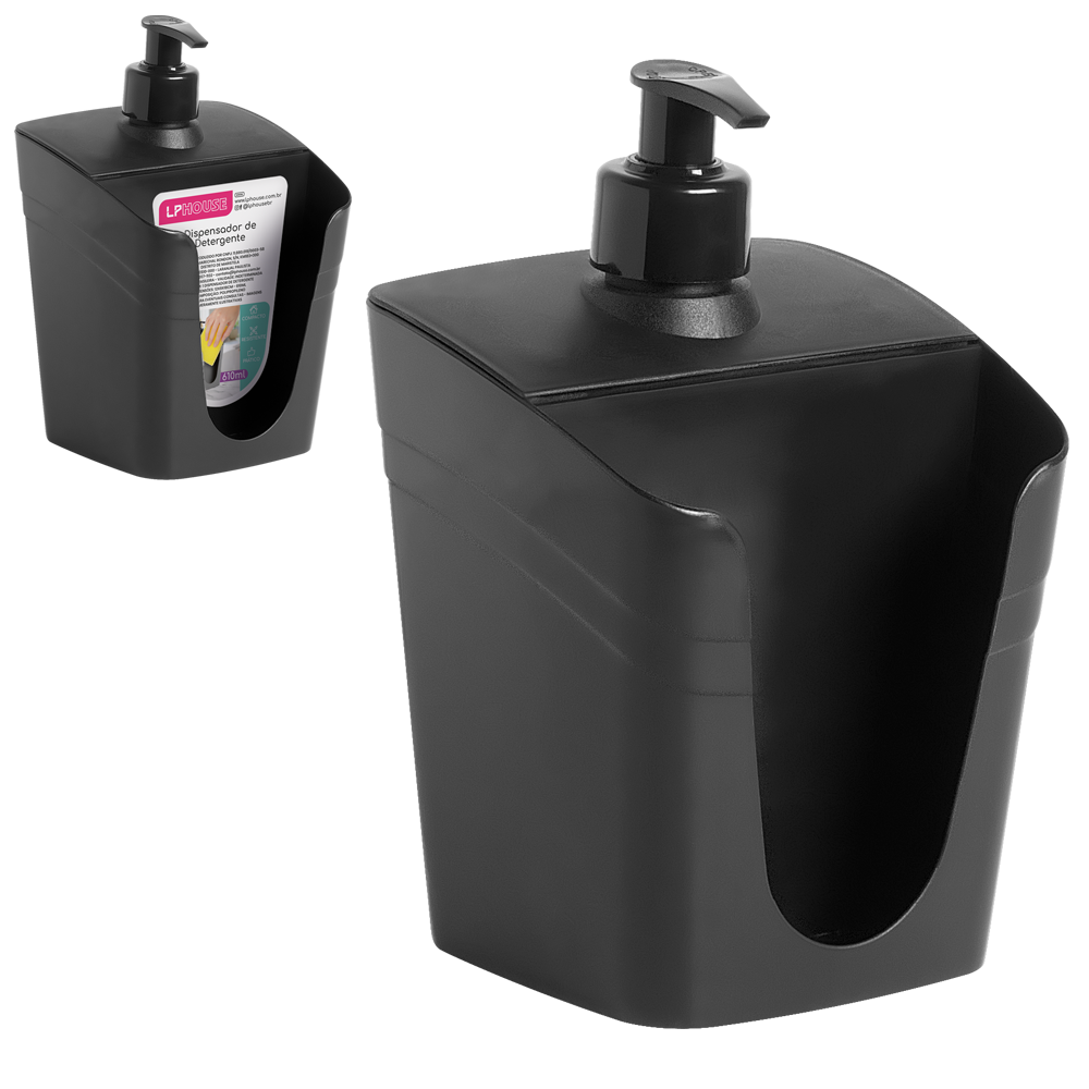 DISPENSER PORTA DETERGENTE / ESPONJA DE PLASTICO BASIC PRETO 610ML 18X12X9CM