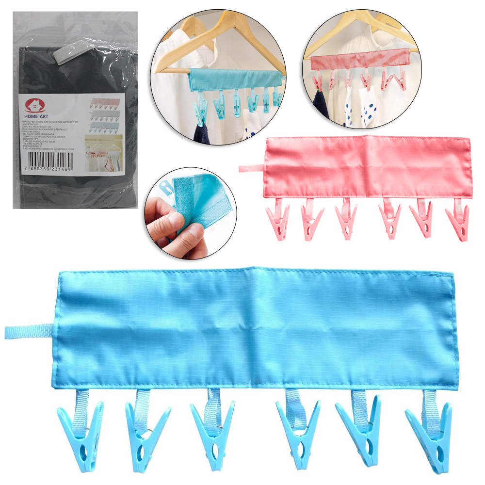 VARAL DE PENDURAR DE PLASTICO / POLIESTER COM VELCRO + 6 PRENDEDORES 34X10,5CM