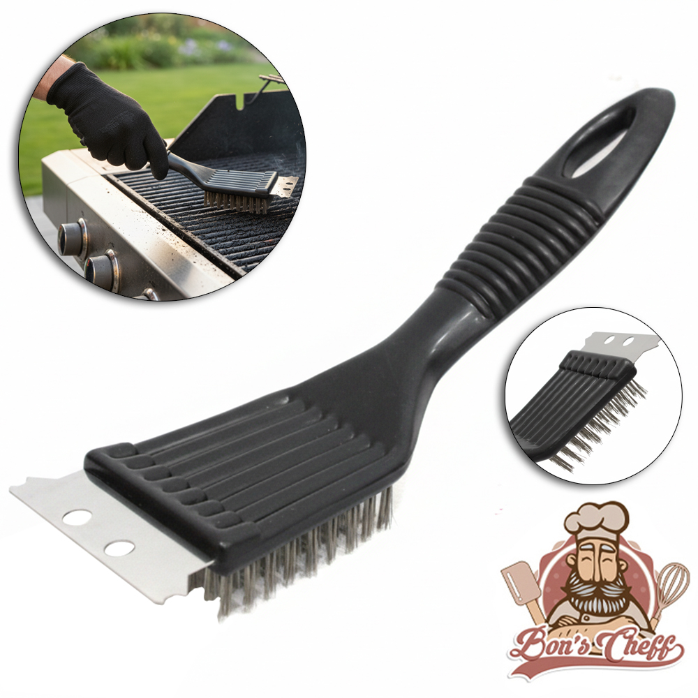 ESCOVA DE ACO PARA GRELHA CHURRASQUEIRA COM RASPADOR CABO PLASTICO 20X7CM BONS CHEFF