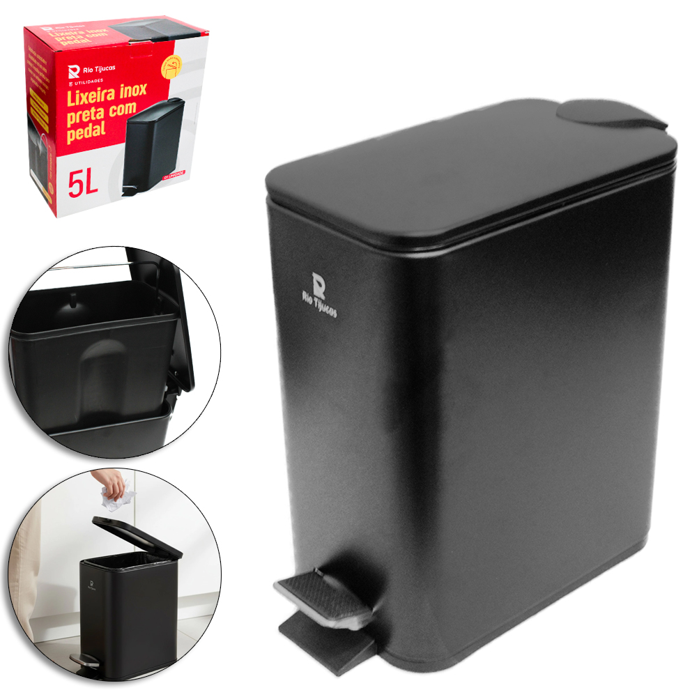 LIXEIRA COM PEDAL DE INOX + TAMPA FECHAMENTO SUAVE RETANGULAR E BALDE INTERNO REMOVIVEL PRETO 5L