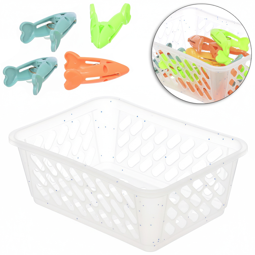 CESTA DE PLASTICO PARA PRENDEDOR + 16 PRENDEDORES COLORS 15X11X6CM